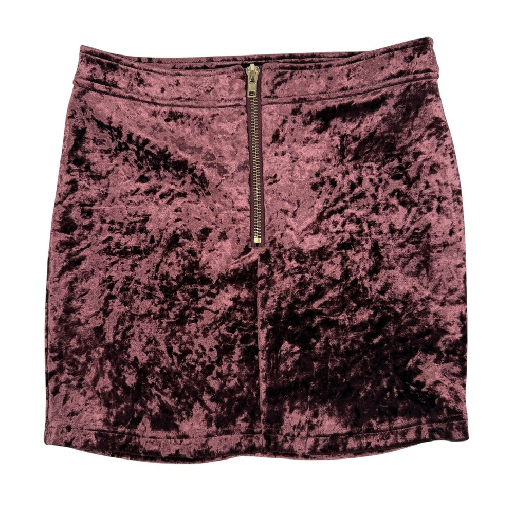 Forever 21 Mini Skirt Crushed Velvet Exposed Front Zipper Large Burgundy Wine